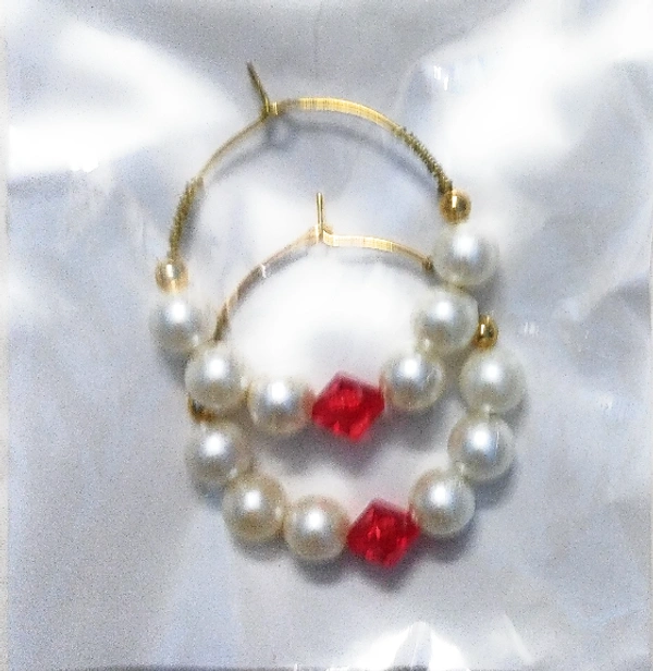 NIBRAS Pearl Red Tyre-Cut Crystal Hoop Earrings - B09JM4K6Q4, 5 gm, 4.5cm x 4cm x 1cm
